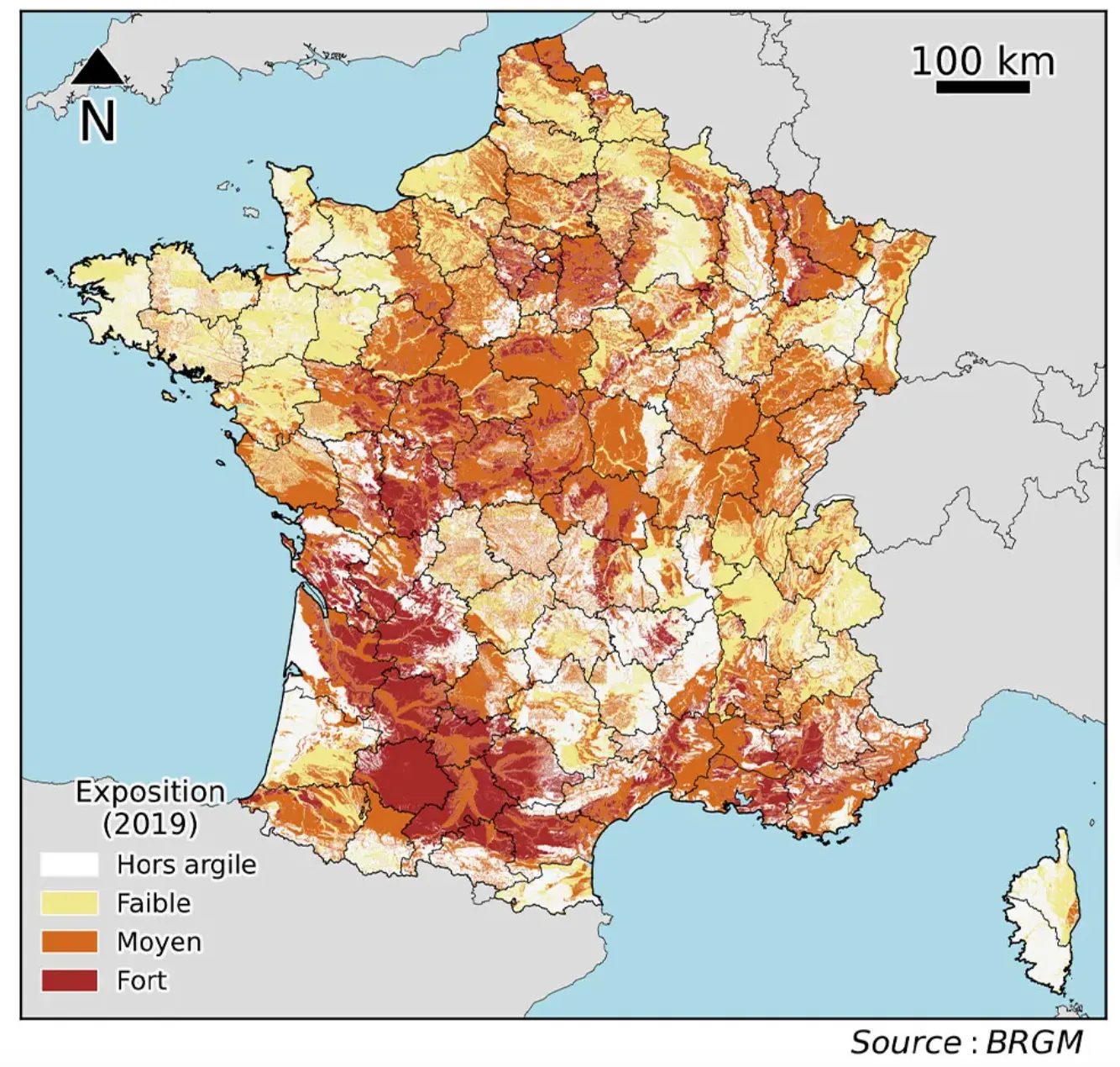Carte d'exposition au retrait-gonflement des argiles en Seine-et-Marne, version 2019.