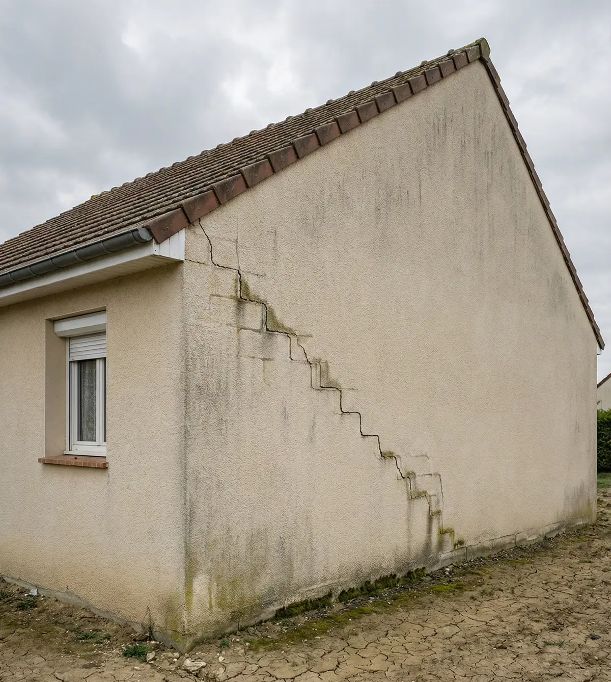 Illustration d'un pignon de maison avec une fissure en escalier qui suit les joints de la maçonnerie.
